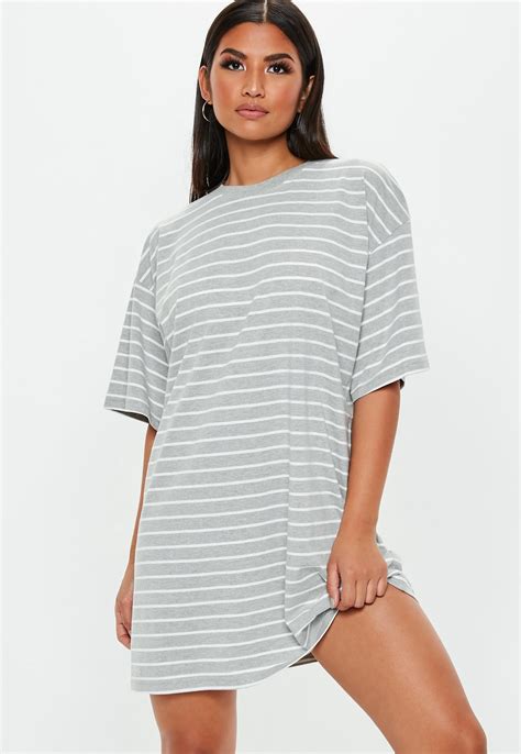 Grey Stripe Oversized Short Sleeve T Shirt Dress Shirt Dress Shirt