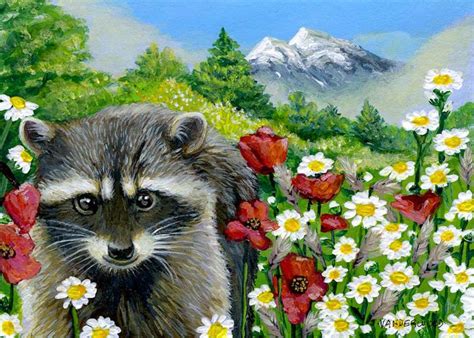 Raccoon Flowers Mountain Meadow Spring Landscape Aceo Original Art