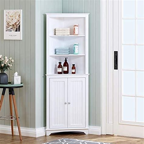 Spirich Home Tall Corner Cabinet With Two Doors And Three Tier Shelves