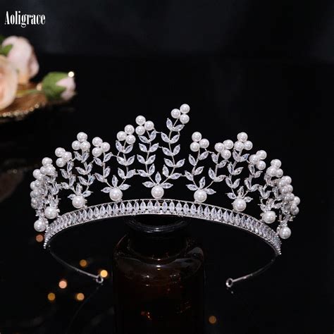 New 3A Cubic Zirconia Pearls Princess Tiaras Bride Wedding Crowns Leaf