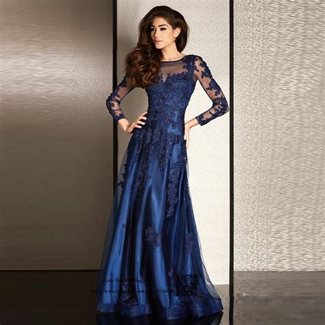 Fashion Navy Blue Long Sleeve Evening Dresses Formal Women Gowns Beads