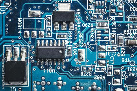 Blue Circuit Board Technology And Electronics Closeup Texture Wall