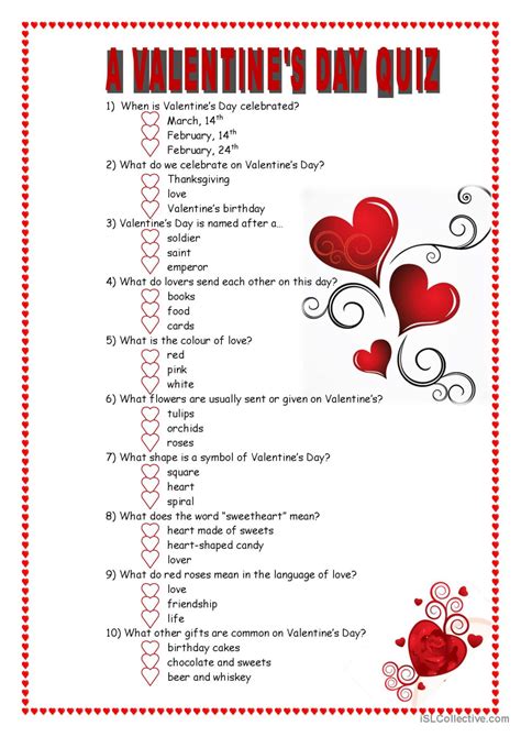 A Valentine S Day Quiz English Esl Worksheets Pdf Doc