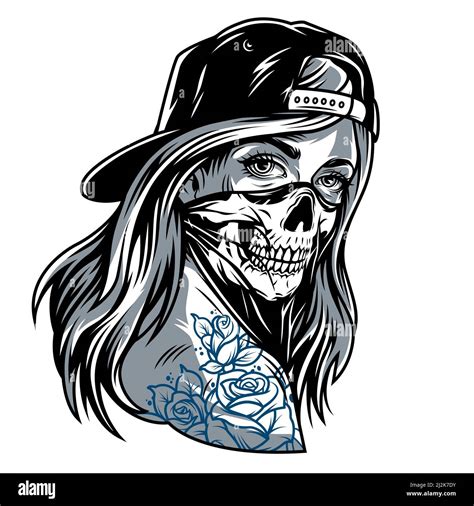 Vintage Chicano Gangster Girl In Baseball Cap And Skull Face Mask