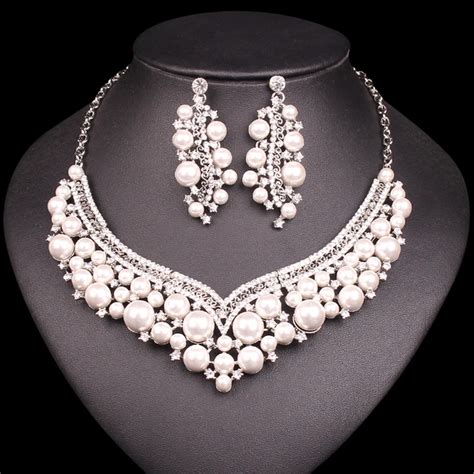 fashion bridal jewelry sets imitation pearl statement necklace earrings sets indian wedding