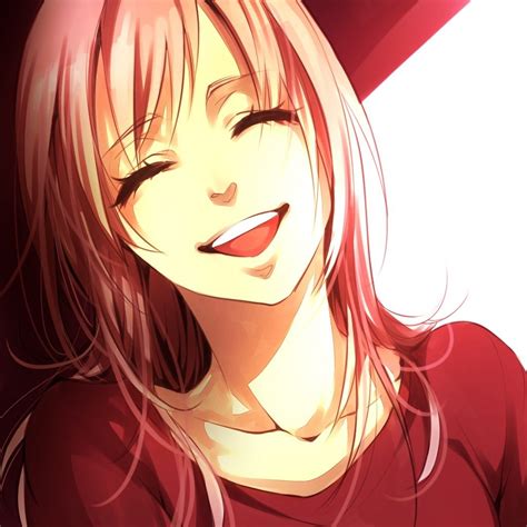 Closed Eyes Face Laughing Happy Women Pink Hair Smiling Anime