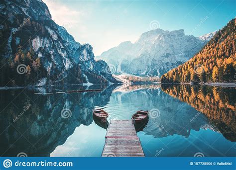 Boats On The Braies Lake Pragser Wildsee In Dolomites