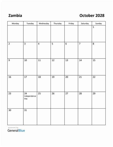 Free Printable October 2028 Calendar For Zambia