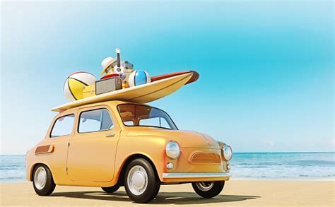 Small Retro Car With Baggage Luggage And Beach Equipment On The Roof