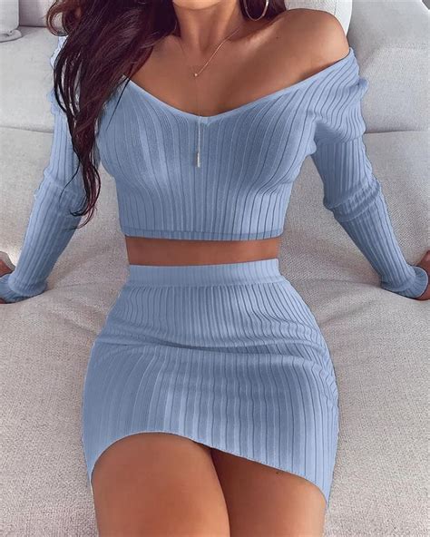 Solid Ribbed Crop Top And Skirt Sets Dresses Women Store Long Sleeve