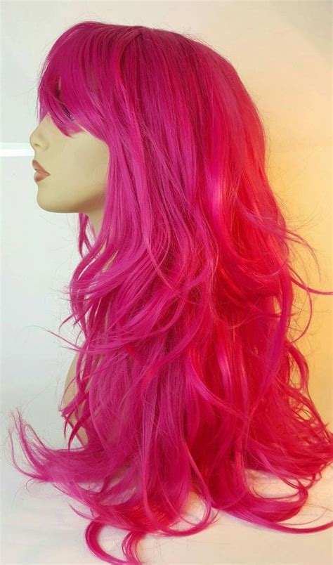 Long Pink Wavy Layered Wig Long Pink Wig Hot Pink Wig Wig Etsy Hair Color Mahogany Hair