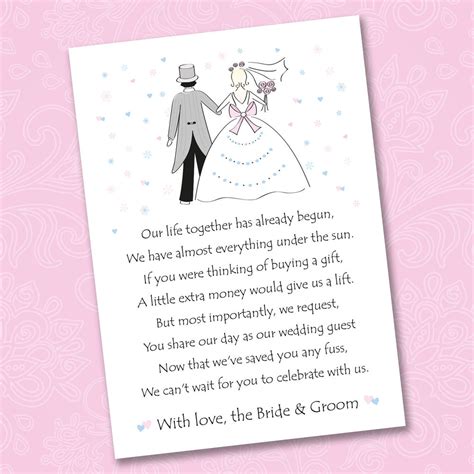 How can you ask for money instead of wedding gifts? 25 x Wedding Poem Cards For Your Invitations - Ask ...