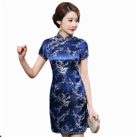 Navy Blue Traditional Chinese Dress Womens Satin Qipao Summer Sexy Vintage Cheongsam Flower