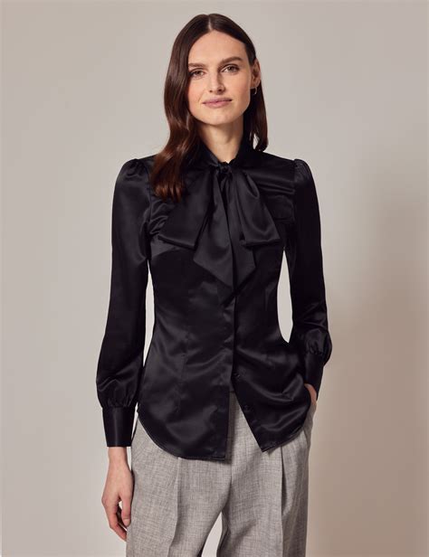 Women S Black Fitted Satin Blouse Pussy Bow Hawes Curtis