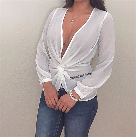 Off White V Neck Cleavage Chiffon Knot Front Sheer Career Blouse Top