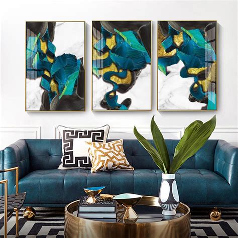 Framed Wall Art Set Of 3 Prints Abstract Gold Navy Blue Black Green