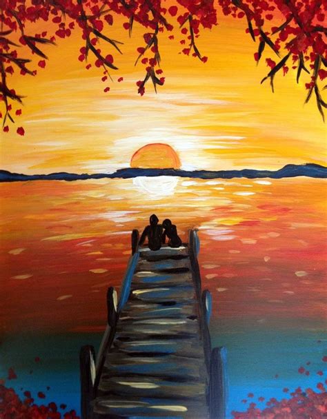 A Painting Of Two People Sitting On A Pier At The End Of A Body Of Water