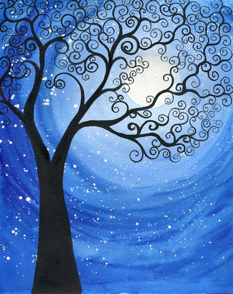 Moonlit Tree Original Watercolour Painting Night Sky Tree Etsy