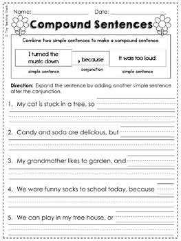 simple  compound sentences  prep practice sheets  tiny teaching