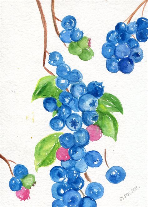 Blueberries Watercolors Painting Original ART 5 X 7 Fruit