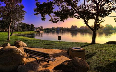 Sunset Landscapes Nature Trees Bench Lakes Hdr Photography