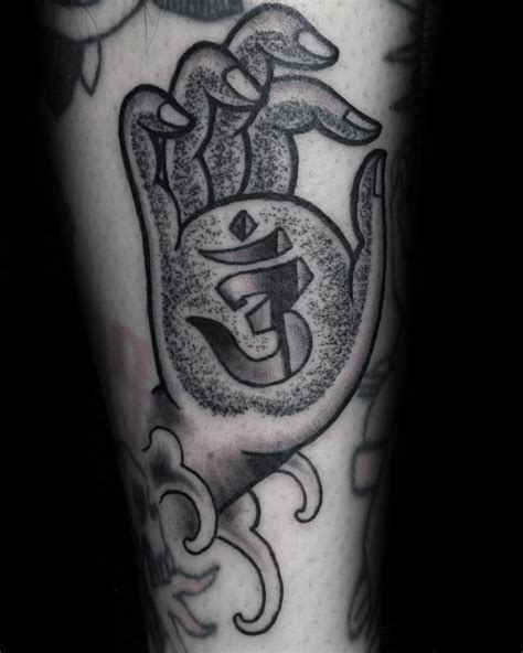 Stippling Style Black Ink Buddha Hand With Symbol Tattoo Tattooimagesbiz