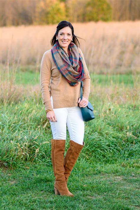Fall Fashion Styling White Jeans With Camel Cashmere Sweater