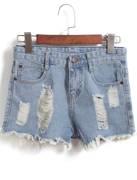 Blue Vintage Ripped Fringe Denim Shorts 990 Ripped Jean Shorts