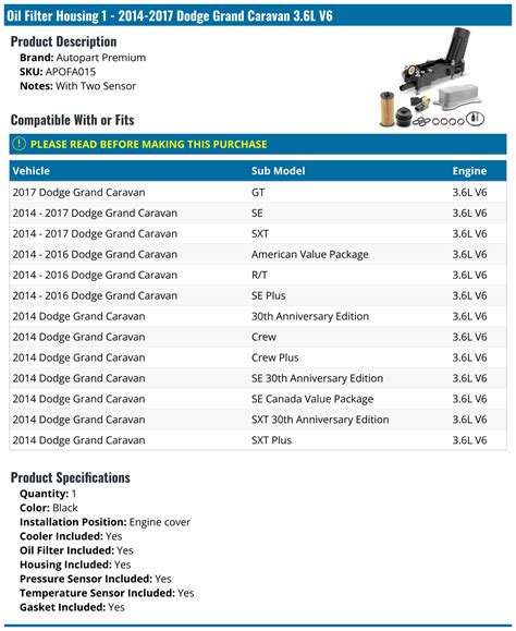 2014-2017 Dodge Grand Caravan Oil Filter Housing - Autopart Premium