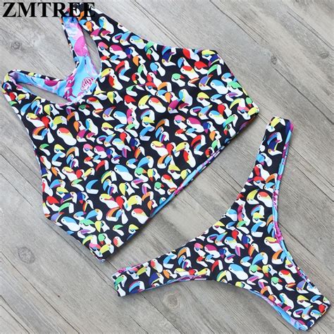 Zmtree 2017 New Sexy Bikini Swimwear Double Sided Swimsuit Bird Printed