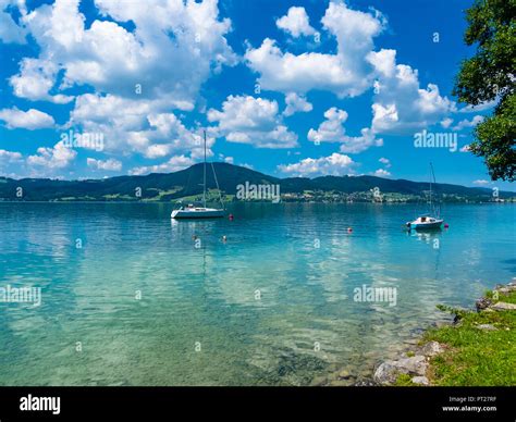 Austria Salzkammergut Boats On Lake Traunsee Stock Photo Alamy