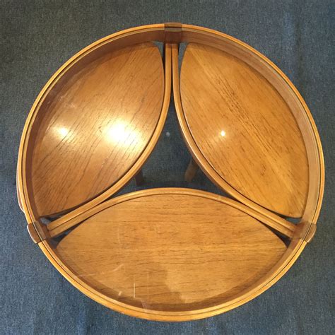 Midcentury English Round Glass Top Teak Coffee Table With 3 Nesting