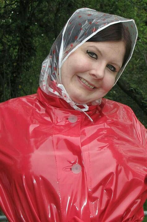 Red Pvc Mack Red Raincoat Vinyl Raincoat Plastic Raincoat Rain Bonnet Mode Latex Plastic