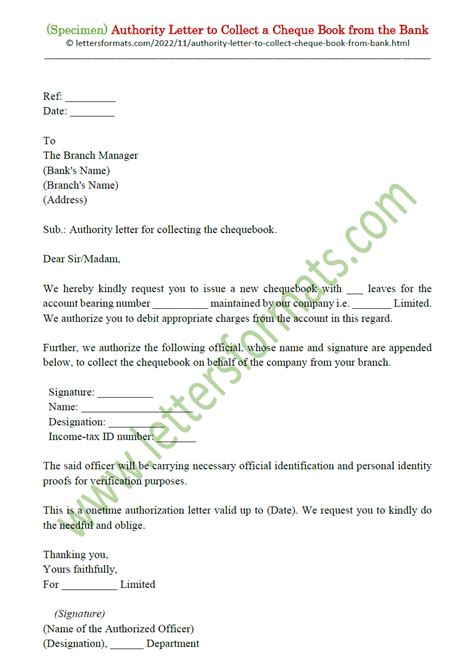 Authority Letter Format To Collect A Cheque Book From The Bank