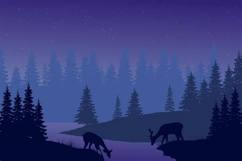 Premium Vector Deer Silhouette Vector Illustration Night View With