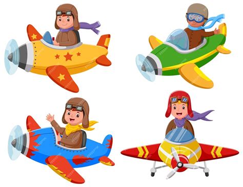 Premium Vector Cartoon Kid Operating Plane Collection Set Vector