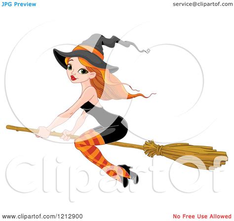 Cartoon Of A Sexy Red Haired Halloween Witch In A Black Dress Flying