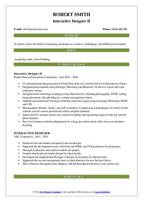 Use these resume examples to build your own resume using online resume builder by hiration. Interactive Designer Resume Samples | QwikResume