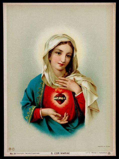 Antique Vintage C1900 Sacred Heart Virgin Mary Lithograph Print Catholic Icon