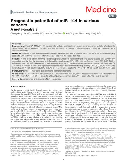 Pdf Prognostic Potential Of Mir In Various Cancers A Meta Analysis