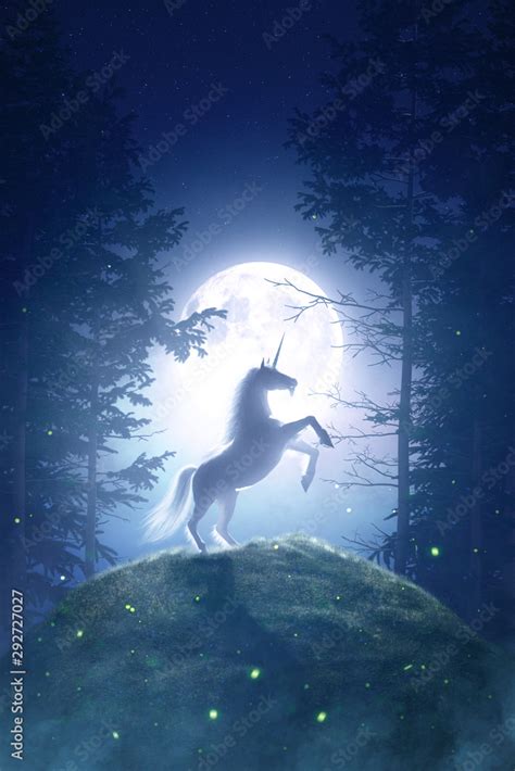 Fairy Tale Unicorn In A Moonlight Night Forest 3d Rendering Stock