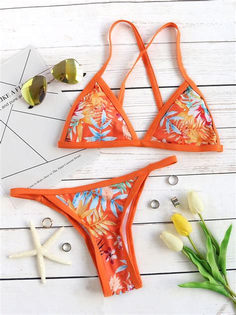 Shop Orange Leaf Print Triangle Bikini Set Online Shein Offers Orange