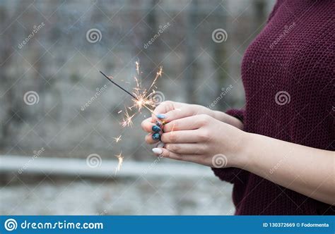 Girl Hold In Her Hands Christmas Sparkler Stock Image Image Of Flame