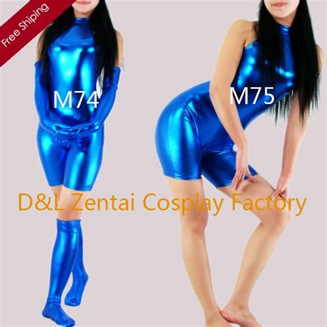 Free Shipping Dhl Sexy Adult Events Costume Blue Shiny Metallic Spandex Catsuits For Woman With
