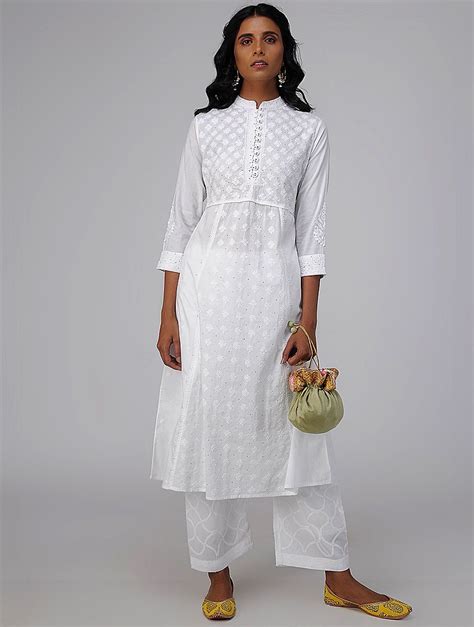 buy white chikankari embroidered cotton kurta online at simple work outfits