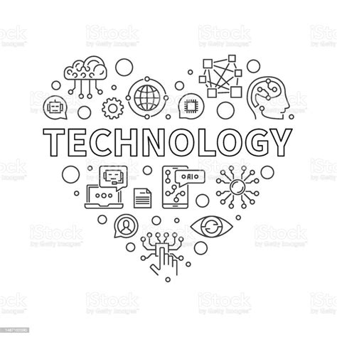 Technology Heart Concept Outline Banner Vector Tech Illustration Stock