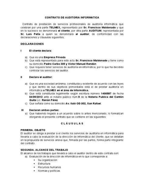 Contrato De Auditoria Informatica Sub Contralor Archivo De Computadora