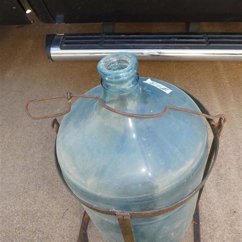 Lot 113 Vintage 5 Gallon Glass Water Bottle On Antique Metal Tilt