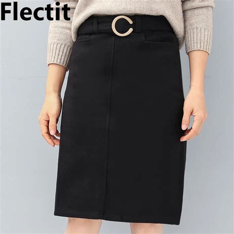 Flectit Women Belted Pencil Skirt Knee Length High Waist With Buckle
