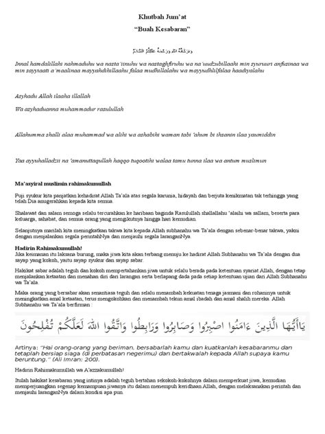 Berikut beberapa informasi terkait yang mungkin bermanfaat tatkala mengisi khutbah jumat. Contoh Teks Khutbah Jumat Singkat.docx